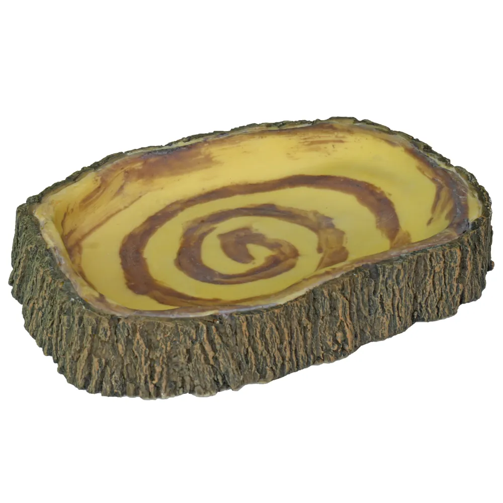 Naturnahe Schale in Baumstamm-Optik, flach, gelbe Innenfläche mit braunem Spiralmuster, ideal als Wasserschale oder Dekoschale für Terrarium, Garten und Zuhause