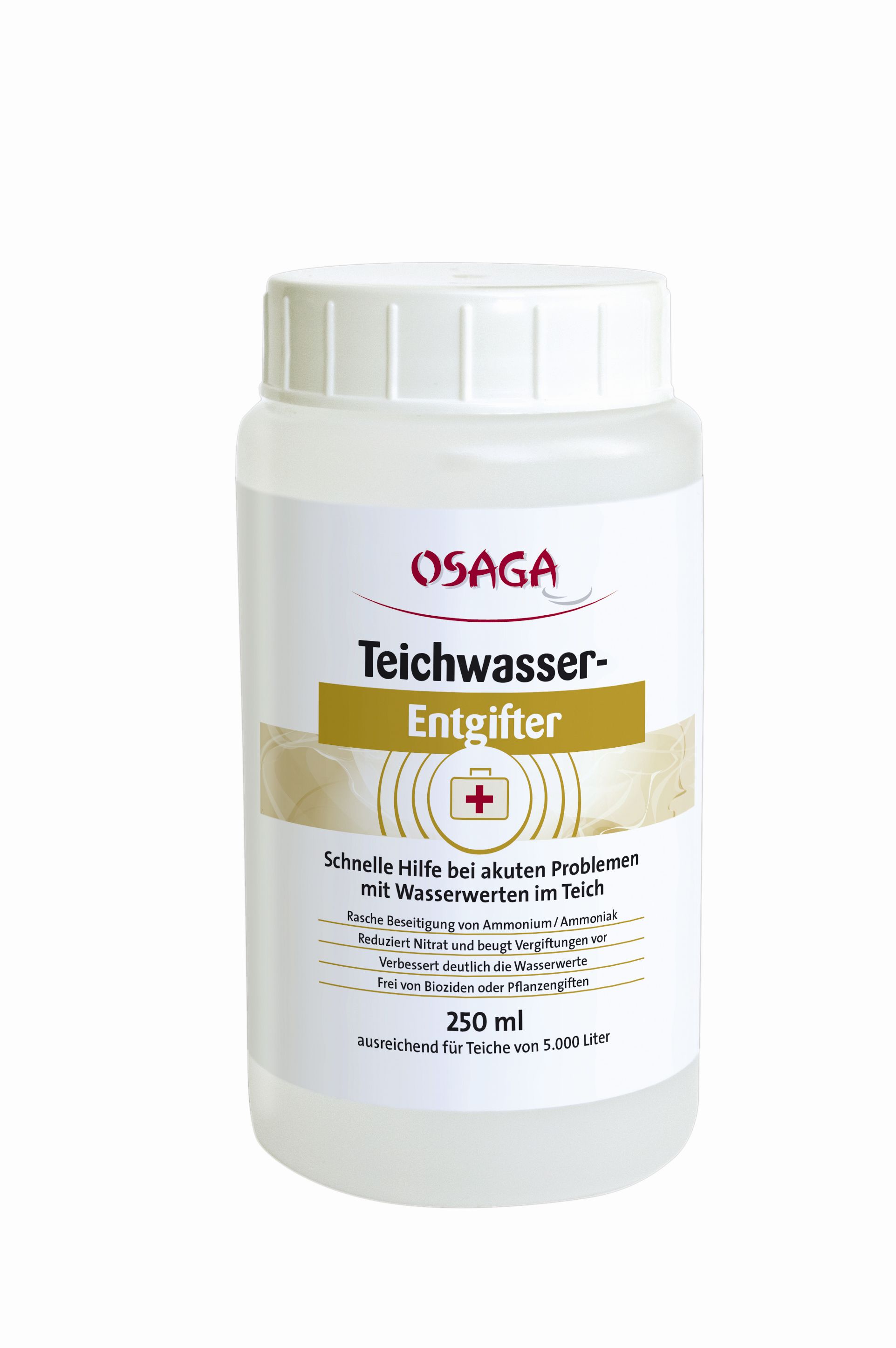 OSAGA Teichwasser-Entgifter 250 ml Flasche, Notfallhilfe zur schnellen Reduzierung von Ammonium/Nitrit und Stabilisierung der Wasserwerte im Teich