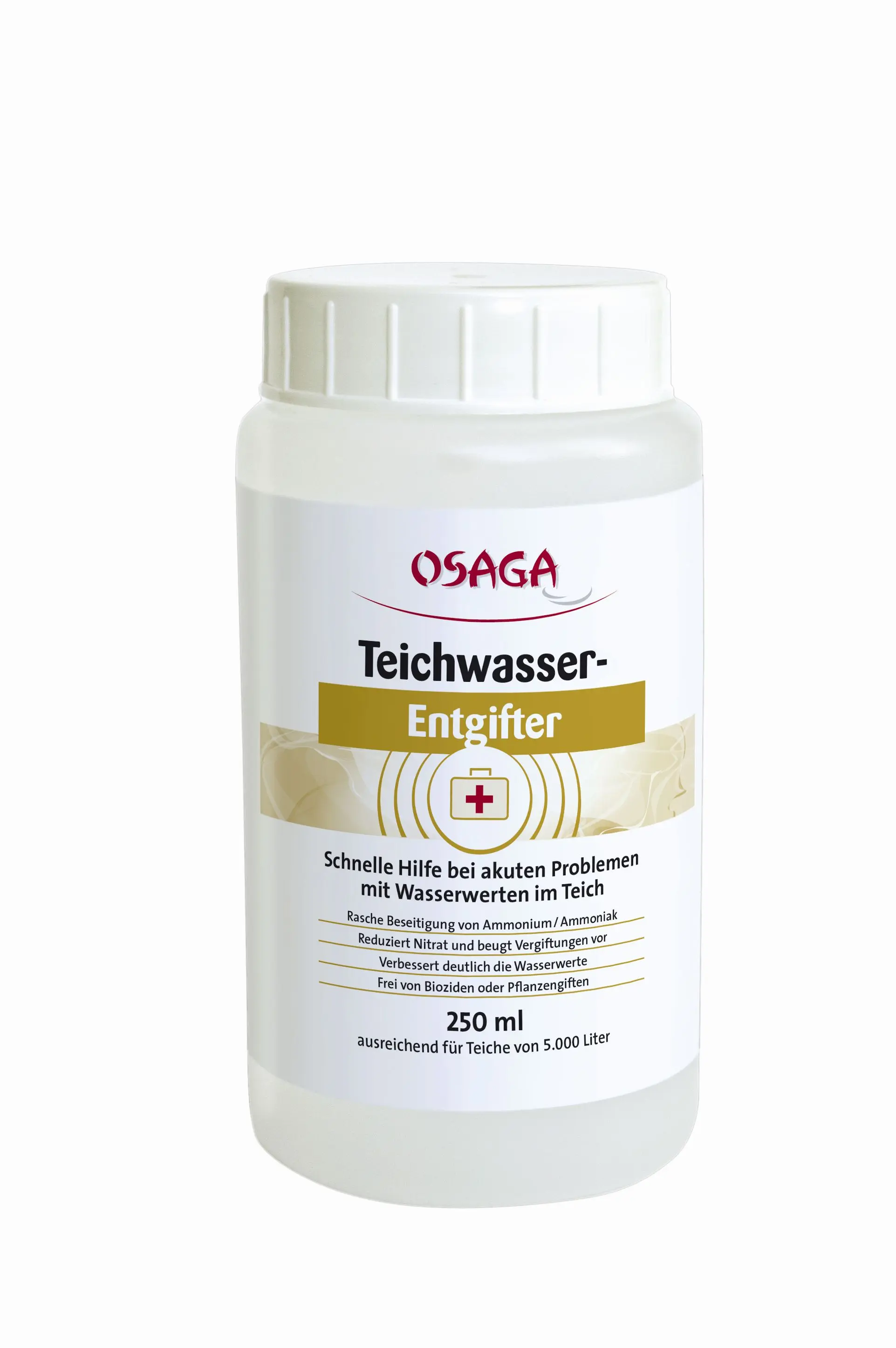 OSAGA Teichwasser-Entgifter 250 ml Flasche, Notfallhilfe zur schnellen Reduzierung von Ammonium/Nitrit und Stabilisierung der Wasserwerte im Teich