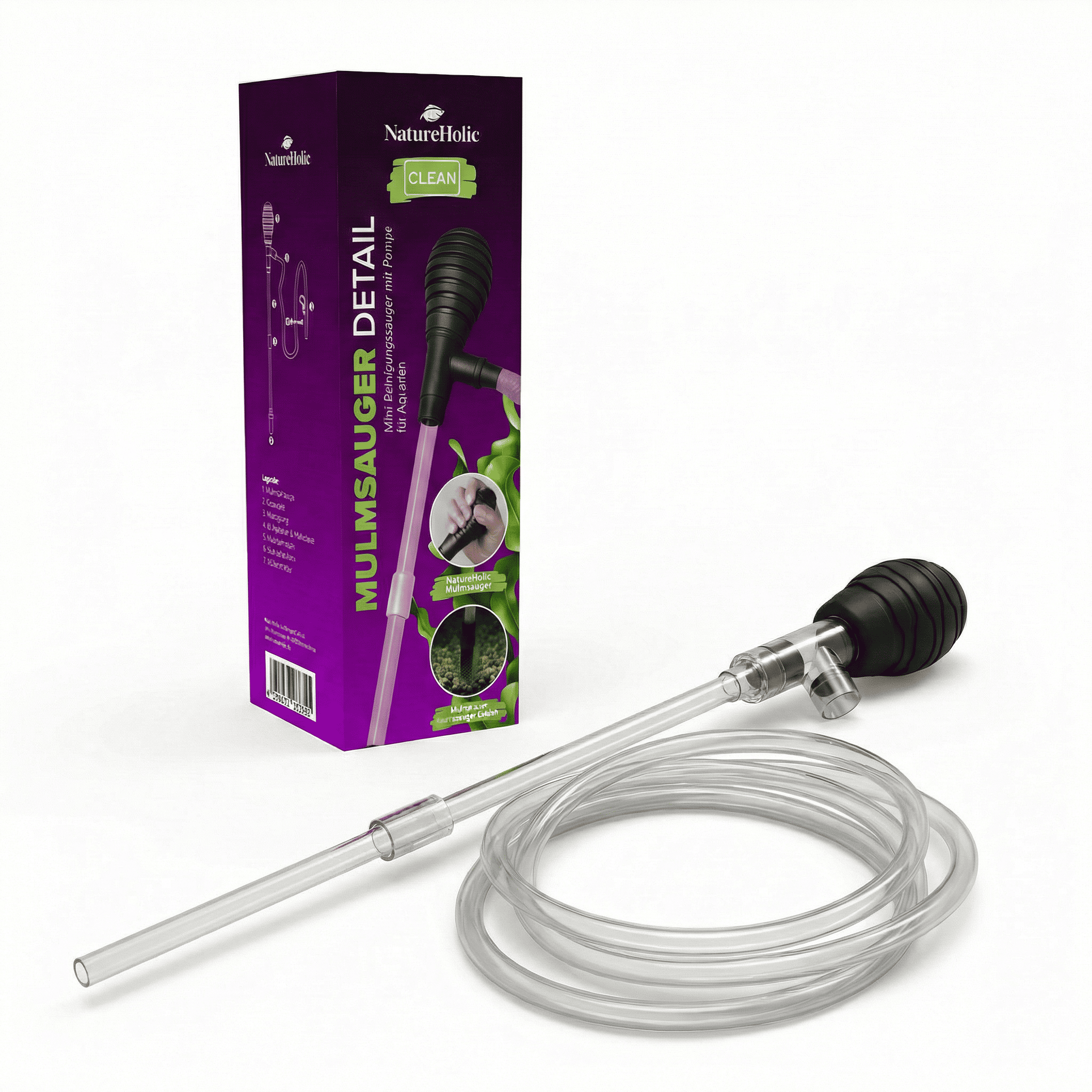 Mulmsauger-Set mit schwarzer Gummipumpe, transparentem Siphonschlauch und Kunststoffrohr neben violetter Verpackung von NatureHolic, geeignet zur Reinigung des Aquarienbodens
