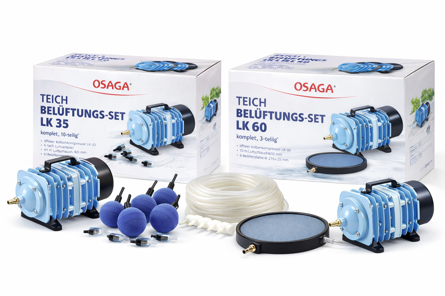 Produktbild OSAGA Teich-Belüftungsset LK (LK35 und LK60) mit blauen ölfreien Kolbenkompressoren, Luftschlauch, Ausströmerplatte und Kugelausströmern – komplette Belüftungslösung für Gartenteich/Koiteich