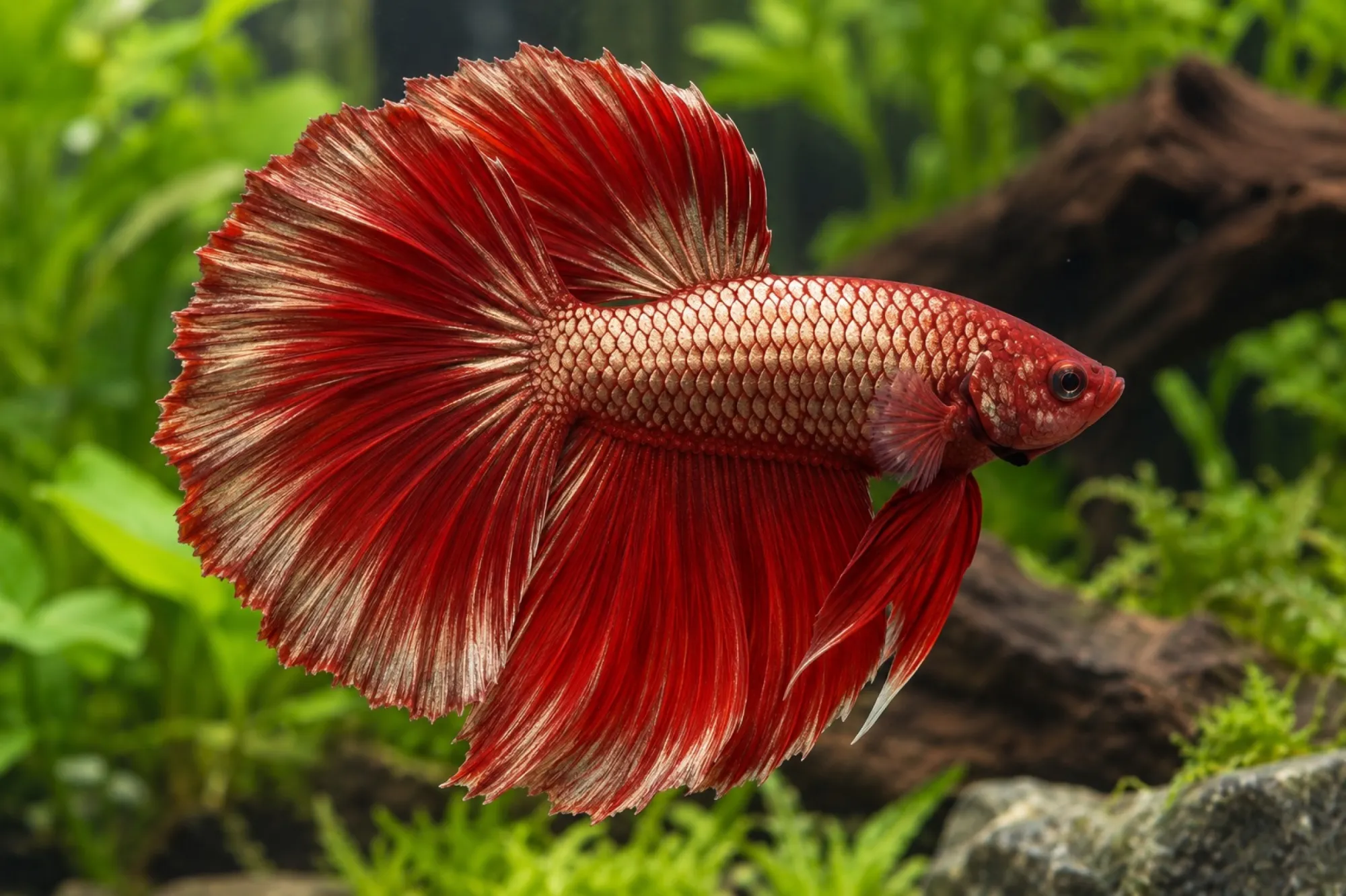 Siamesischer Kampffisch „Halfmoon Dragon Red Copper“, Männchen, Betta splendens