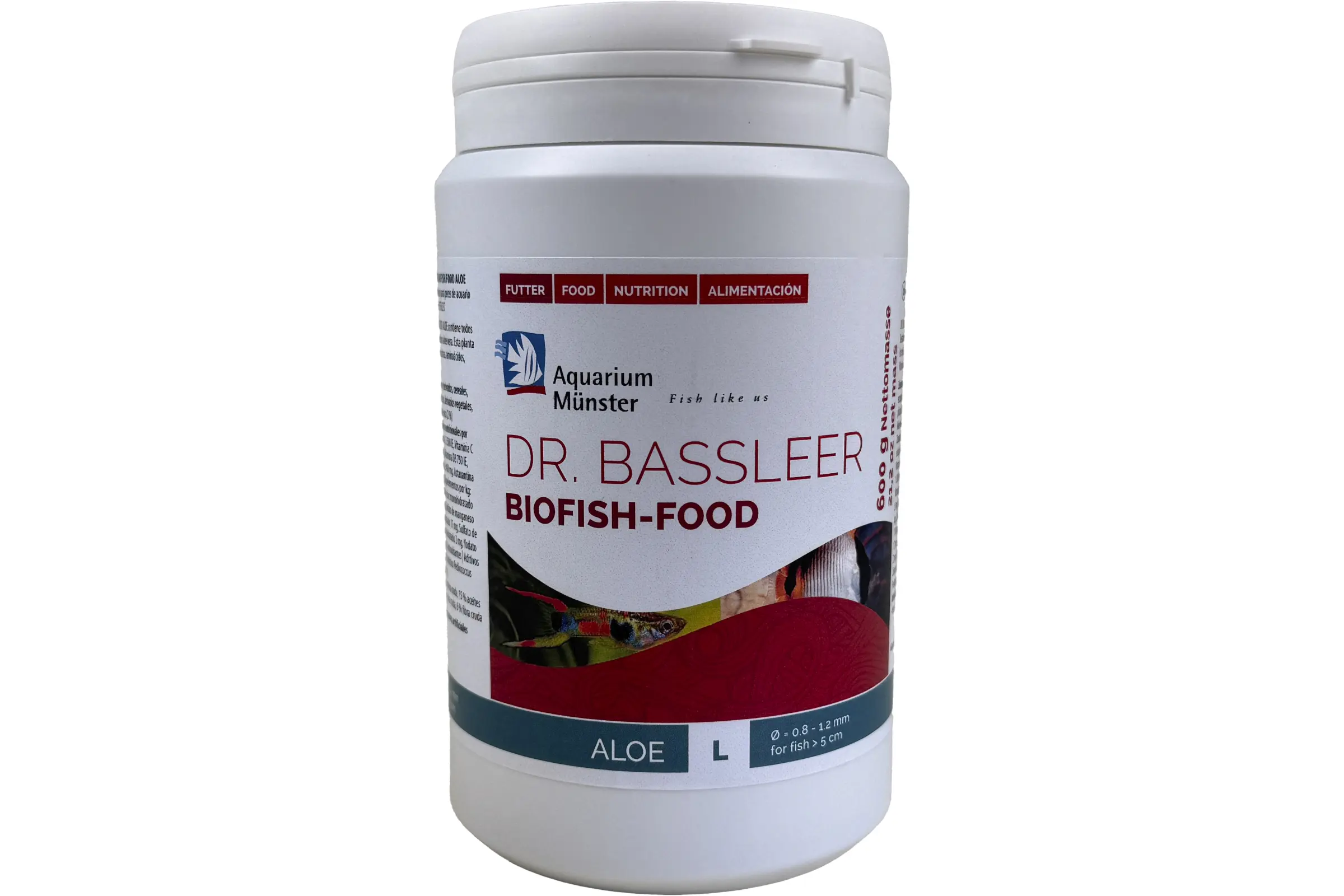 Weißer Behälter mit Dr. Bassleer Biofish-Food Aloe L