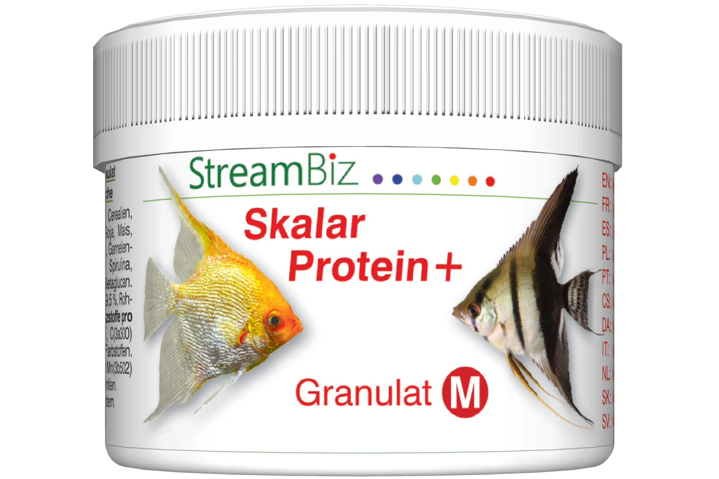 Dose StreamBiz Skalar Protein+ Granulat M, proteinreiches Futter für Skalare, Verpackung mit gelbem und gestreiftem Skalar