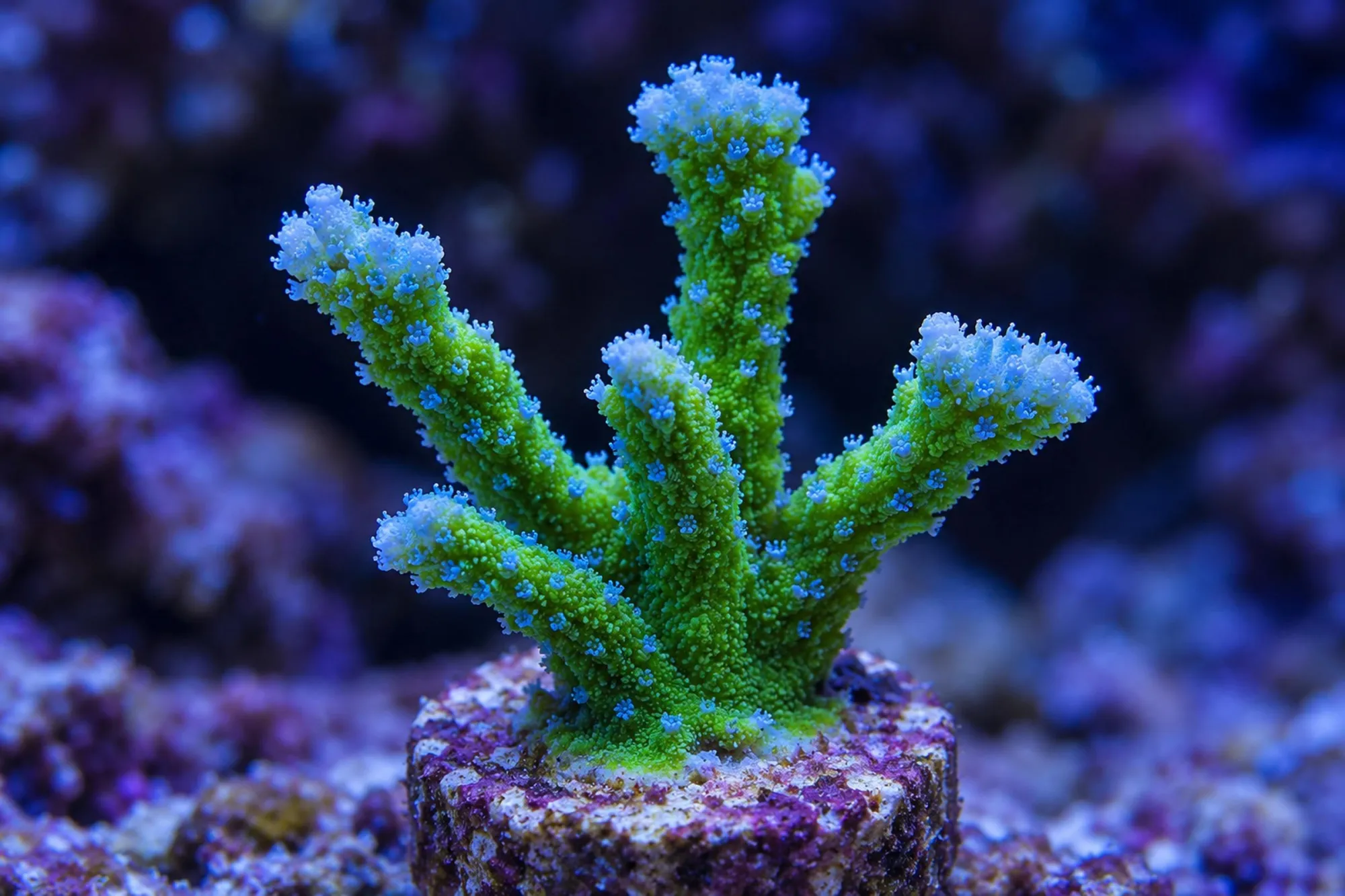 Montipora-Steinkoralle „Green Sky“ (Nachzucht), Montipora hirsuta, Größe S–M