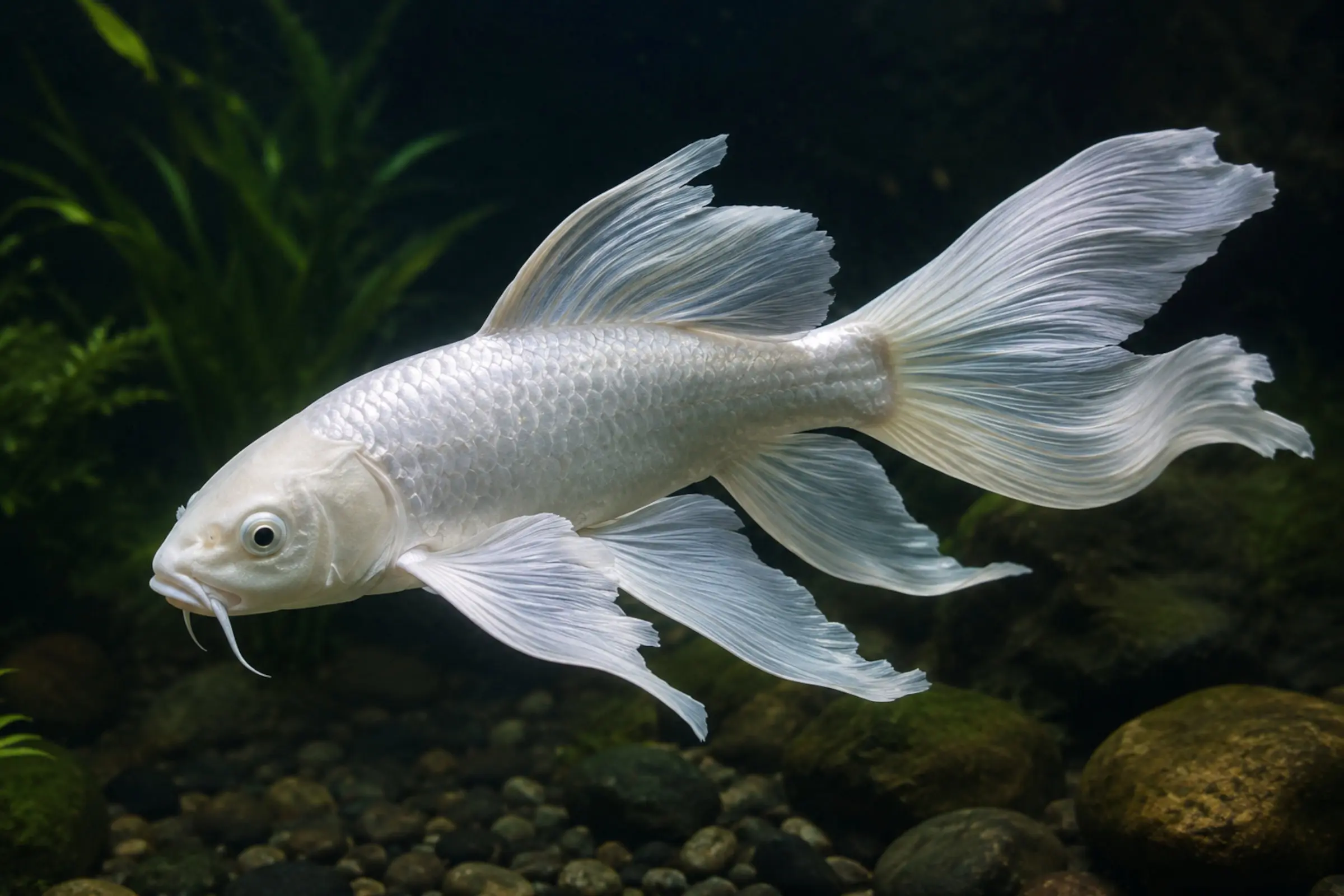 Koi Butterfly Platinum (Cyprinus carpio), weißer Platinum-Ogon mit langen, weich fließenden Butterfly-Flossen im Gartenteich – Jungtier 5–6 cm