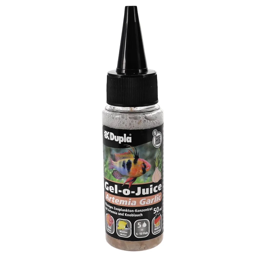 Flasche Dupla Gel-o-Juice Artemia Garlic 50 ml: transparente Dosierflasche mit schwarzer Spitze, Zooplankton-Futterkonzentrat mit Artemia und Knoblauch für Aquarienfische, Etikett mit Fischmotiv
