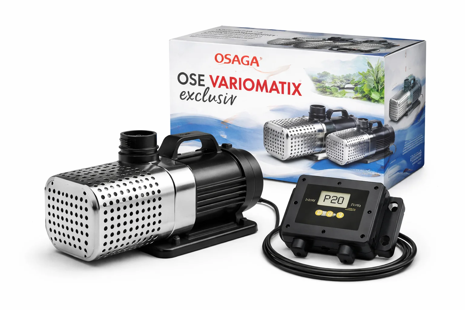 Osaga OSE Variomatix Teichpumpe in Edelstahl mit schwarzem Motorfuß, digitaler Steuerbox mit Display und Kabel sowie Produktverpackung im Hintergrund