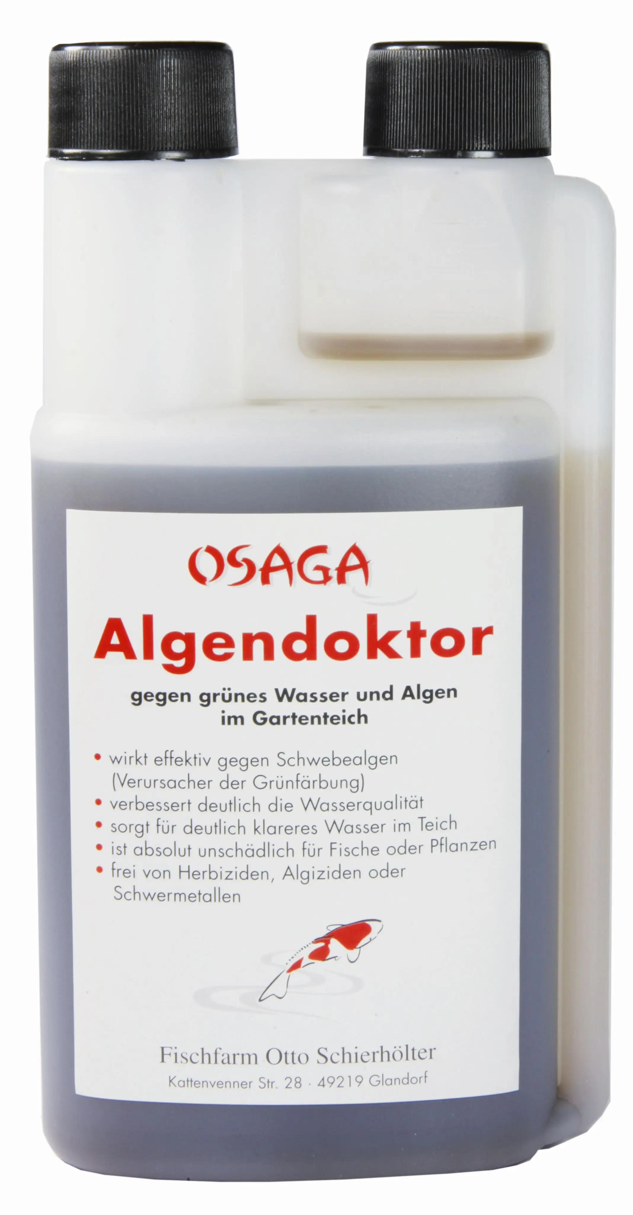 OSAGA Algendoktor Flasche zur gezielten Reduktion von Schwebealgen im Gartenteich, Etikett mit Produktinformationen und Dosieröffnung, erhältlich in zwei Größen
