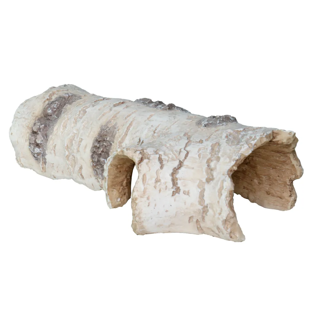 Hohler Birkenrindenstamm in natürlicher beige-weißer Optik mit Rissen und Öffnungen, dekoratives Versteck für Terrarium, Aquarium oder Wohnraum