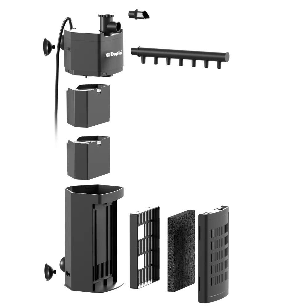 Explosionsansicht des Dupla Clean Flow Filter 80 Innenfilters mit dreieckigem Gehäuse, Filterpatronen, garnelensicherer Kokosmatte, Saugnäpfen und Strömungsdüse – geeignet für Aquarien 50–80 L, 310 l/h, 5,2 W