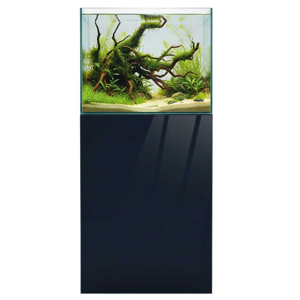 Aquarium auf Dupla Marin Cube Stand 80 black (Unterschrank 45×45×90 cm) aus FSC®-Holz mit schwarzer Glasfront – passgenau für Ocean-Cube/Scaping-Cube, modernes Aquariummöbel